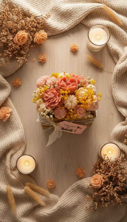 Golden Herfst Bloemenkaars – Geschenkbox met Cozy Geur (Patchouli, Spice & Vanille)